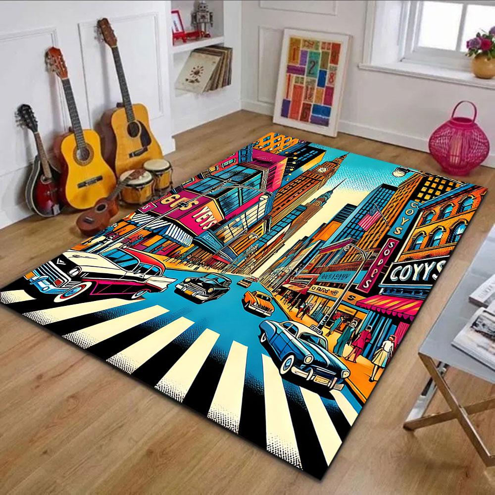Colorful Retro City Street Scene Patterned carpet, non slip mat suitable for living room and bedroom sofas