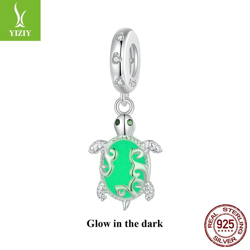 Luminous Stone Turtle Diy Pendant Accessories, Mysterious Retro Pattern S925 Sterling Silver Beads