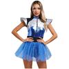 Womens Space Cadet Jumpsuit Flared Sleeve Front Zip Closure Sequined Tulle Skirt Attached Boyshorts Astronaut Cosplay Bodysuit