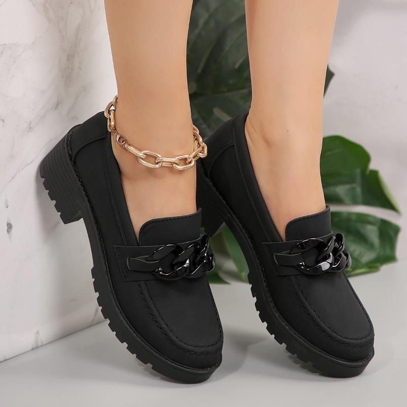 Fashion Metal Buckle Block Heel Single Shoes Autumn New Round Toe Deep Mouth Platform Sole Non-slip Wear-resistant Single Shoes