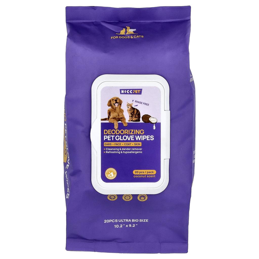 HICC Pet, Pet Deodorizing Gloves, for Dogs and Cats, Coconut, 20-Count