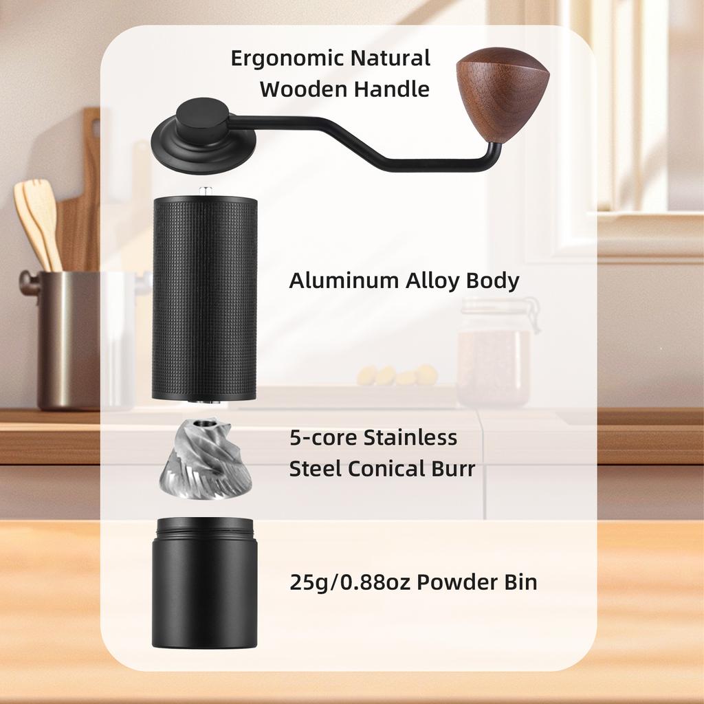 Ручная кофемолка с эргономичной деревянной рукояткой, 5-ти сердечниковыми коническими жерновами из нержавеющей стали, 24 передачи