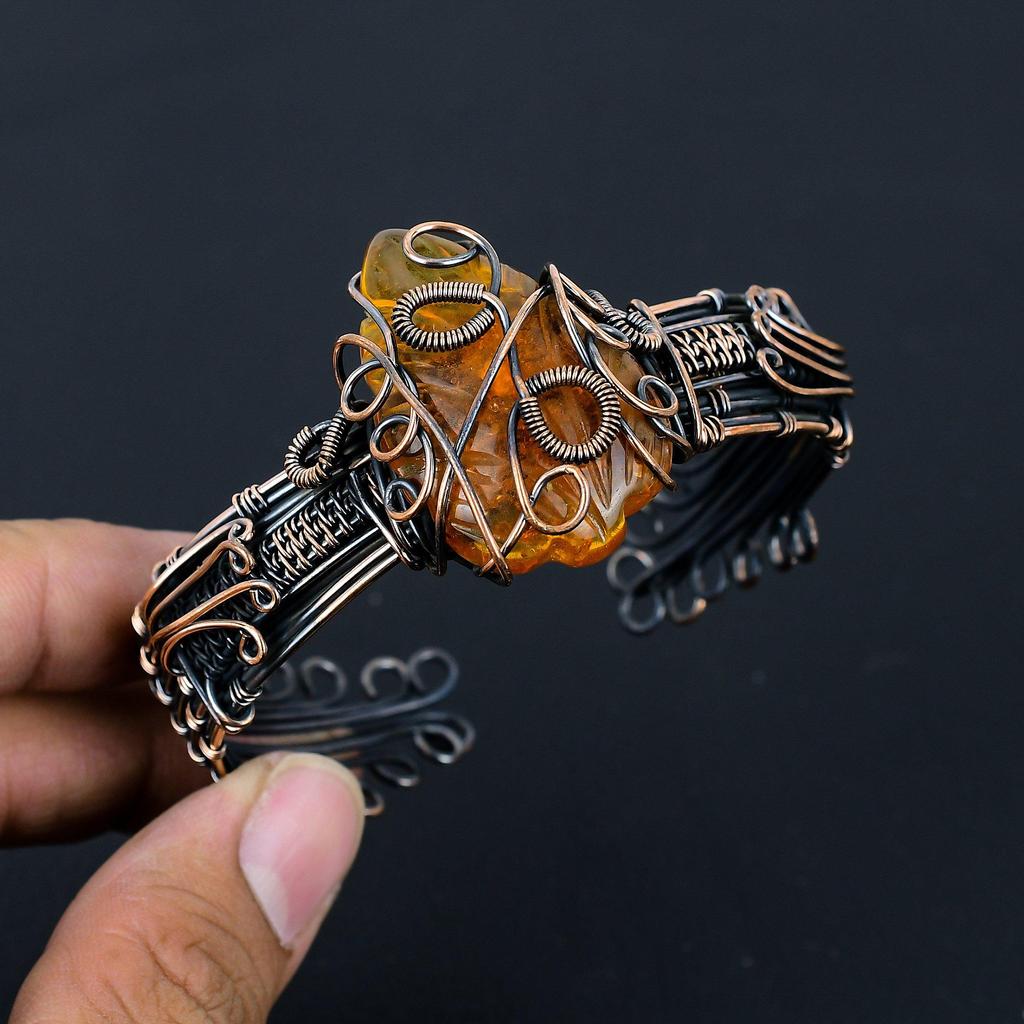 Baltic Amber Gemstone Pure Copper Wire Wrapped Handmade Cuff/ Bangle Jewelry For Gift