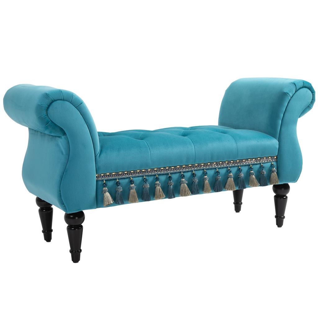 Bench Upholstered Bench with Velvet Cover, Armrest Bed Bench with Wooden Frame, Shoe Bench for Bedroom, Living Room, Hallway 117 x 40 x 58 cm Blue
