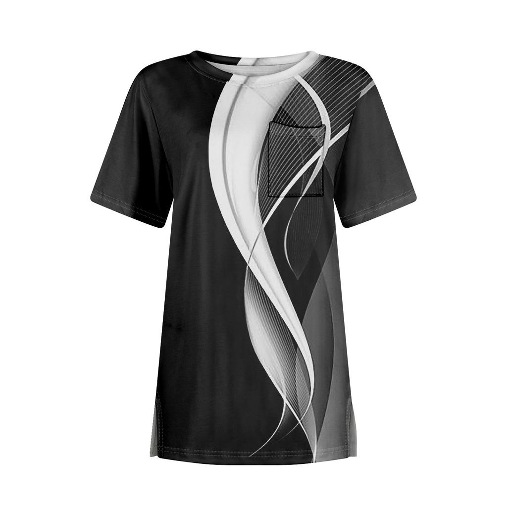 Футболки для женщин, плиссированные, с круглым вырезом, нарядные, повседневные, блузки с принтом, с коротким рукавом, летние топы, свободный крой