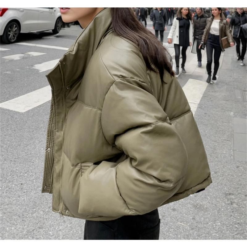 Женская мода зимние кожаные пальто с воротником-стойкой и длинным рукавом короткие стеганые куртки женские парки шикарный теплый наряд