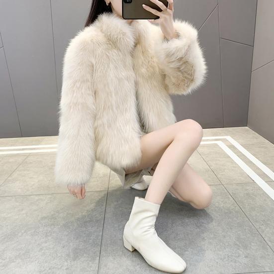 Осень-зима, женский кардиган, пальто, пушистый плюшевый воротник-стойка, сохраняющий тепло, длинные рукава, утолщенный, короткий, однотонный, из искусственного меха