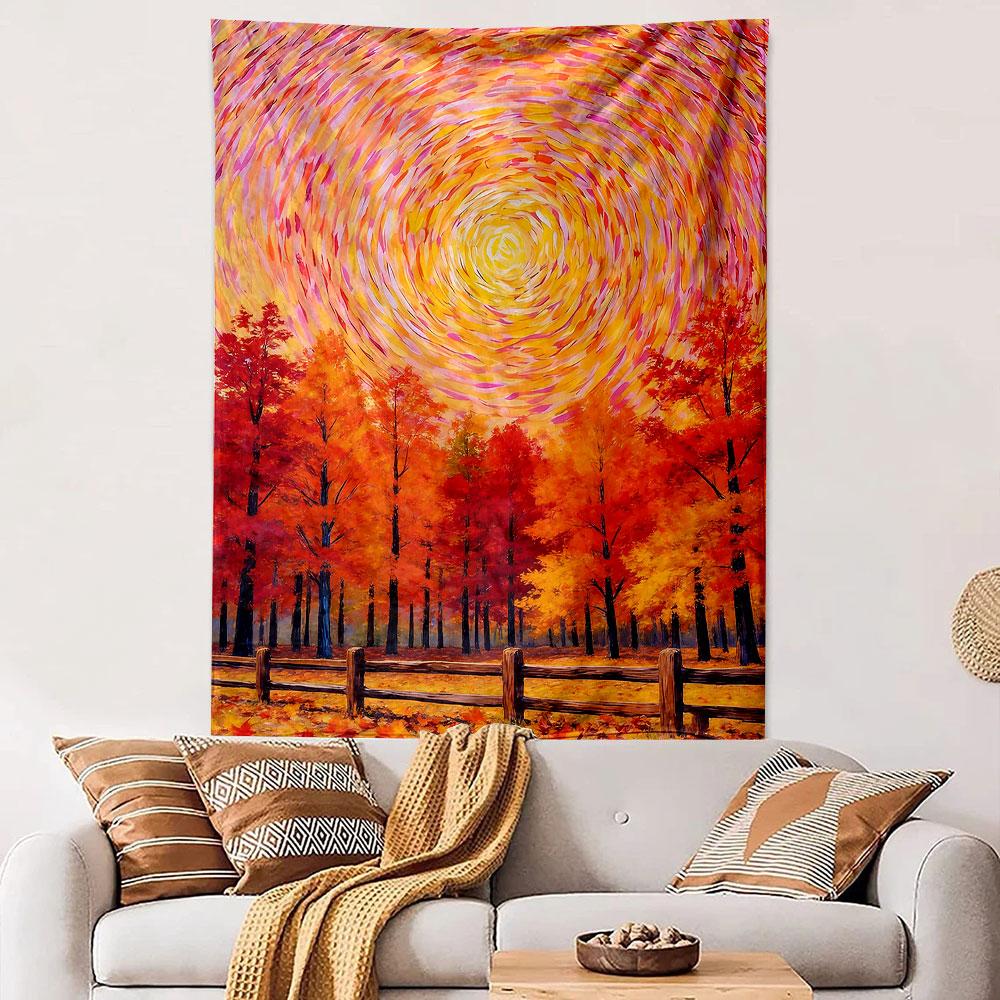 Autumn Forest Under Swirling Sun Patterned tapestry home decor, suitable for bedroom and living room, gift