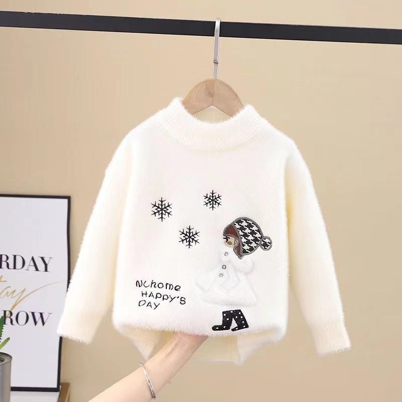 Autumn and Winter Children's Sweater Pullover Girls' Round Neck Knitwear Mink Down Children's Western Cartoon Long Sleeve