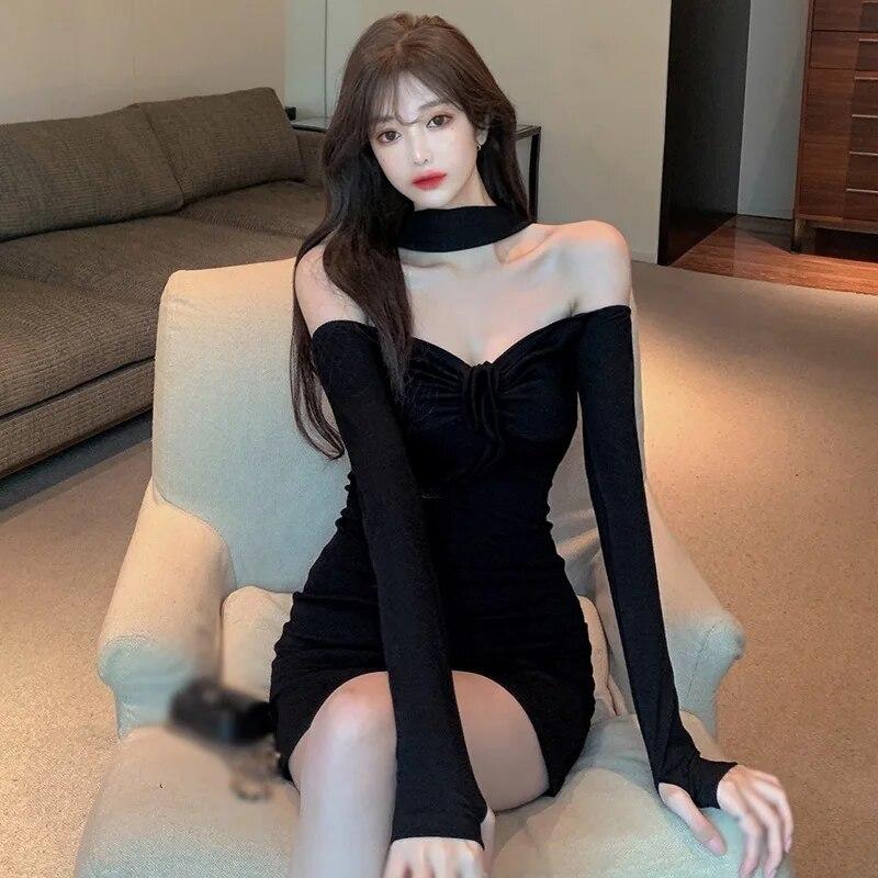 Женское платье с бретелькой на шее, облегающее мини-платье с открытыми плечами, праздничное платье с длинным рукавом, облегающее повседневное клубное платье