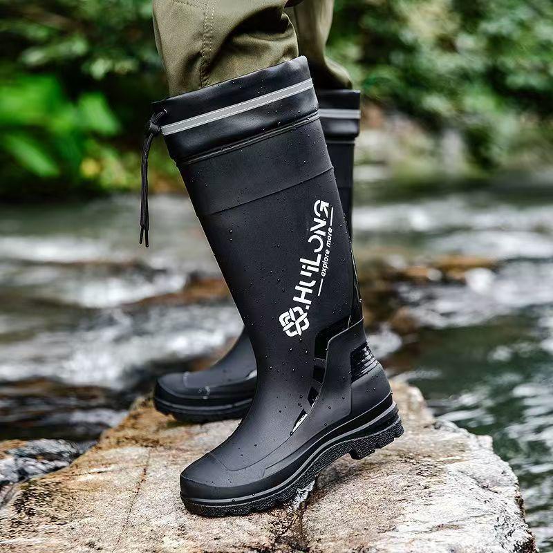 Stylish Men's Non-Slip Waterproof High-Top Rain Boots with Drawstring - Long Tube Fishing Wear-Resistant