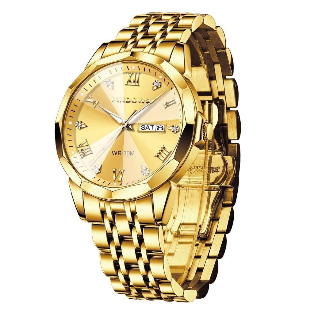 Часы PINDOWS с бриллиантами, деловые, аналоговые, кварцевые, роскошные, водонепроницаемые, с подсветкой, двухцветный браслет из нержавеющей стали, классические, модные, мужские