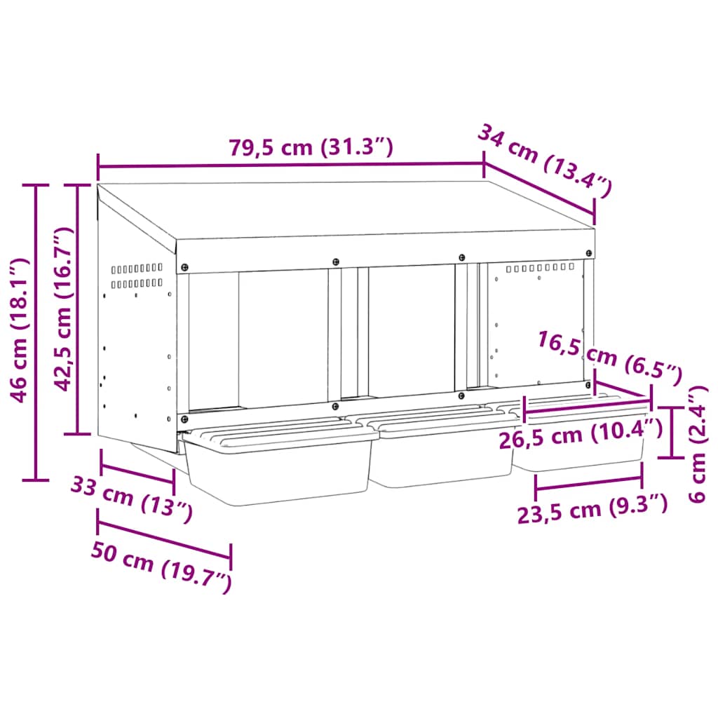 Chicken Nesting Box 3 Compartment Wall Mounted Design Galvanized Steel