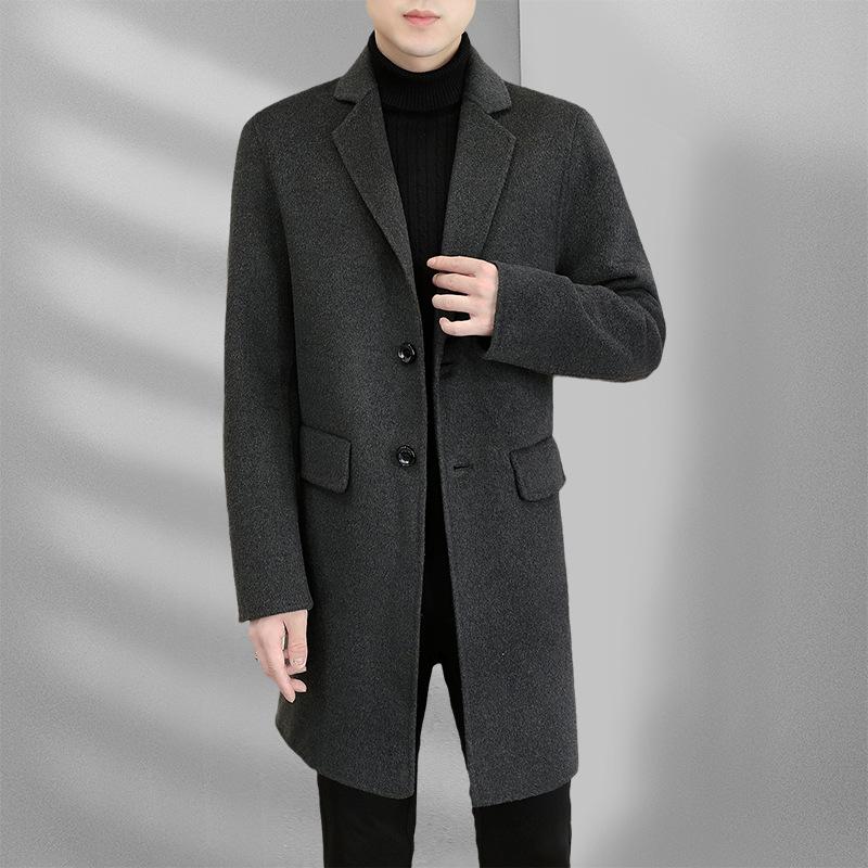 Осенне-зимнее мужское шерстяное пальто средней и длинной длины с воротником-стойкой, сшитое вручную двухстороннее шерстяное пальто, тренчкот, мужское пальто