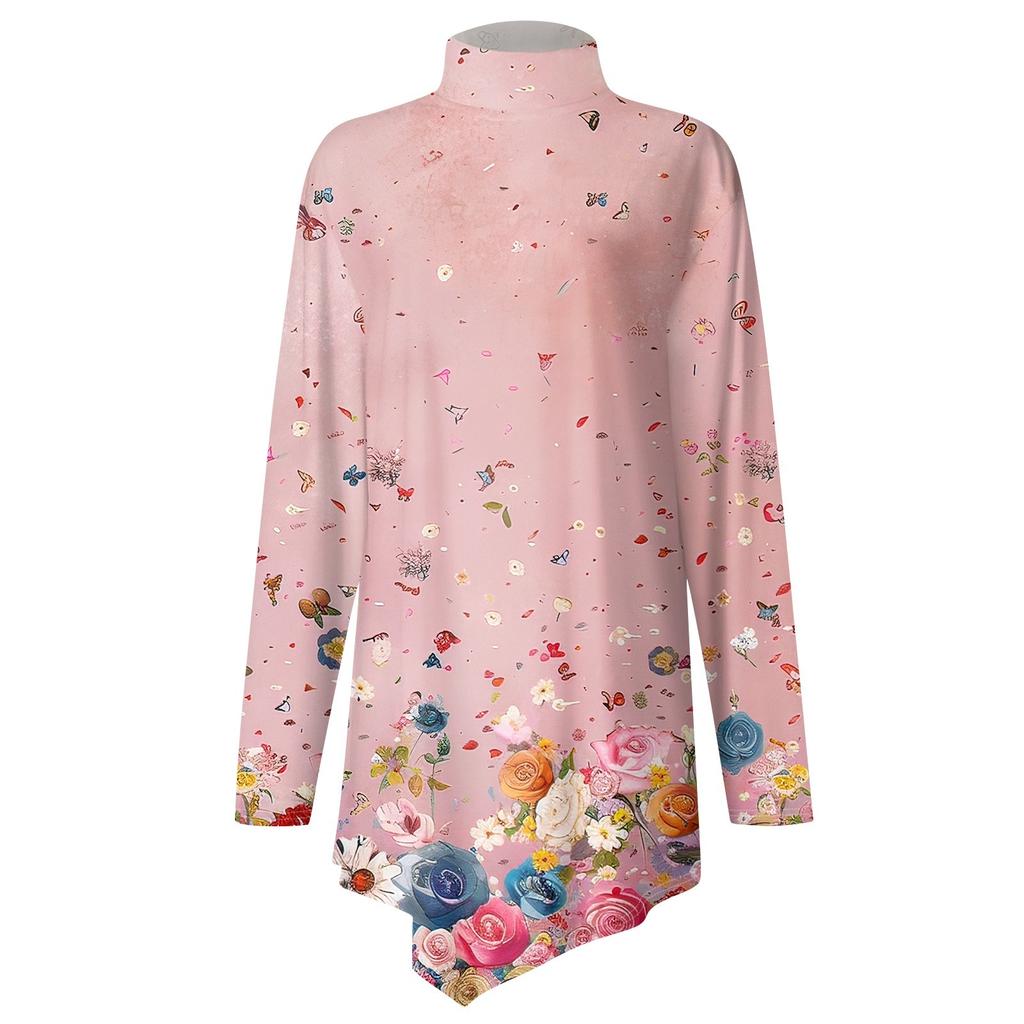 Casual Fashion Print Shirt Tops High Neck Irregular Hem Long Sleeve Pullover Tops