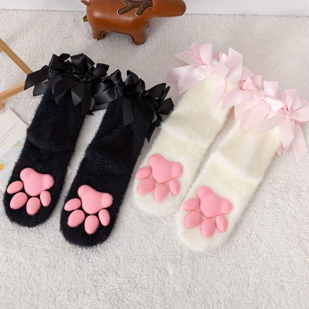 Coral Velvet Cat Paw Plush Socks Paw Pads Bowknot Warm Socks Y2k 3D Cat Paw Socks  Gift