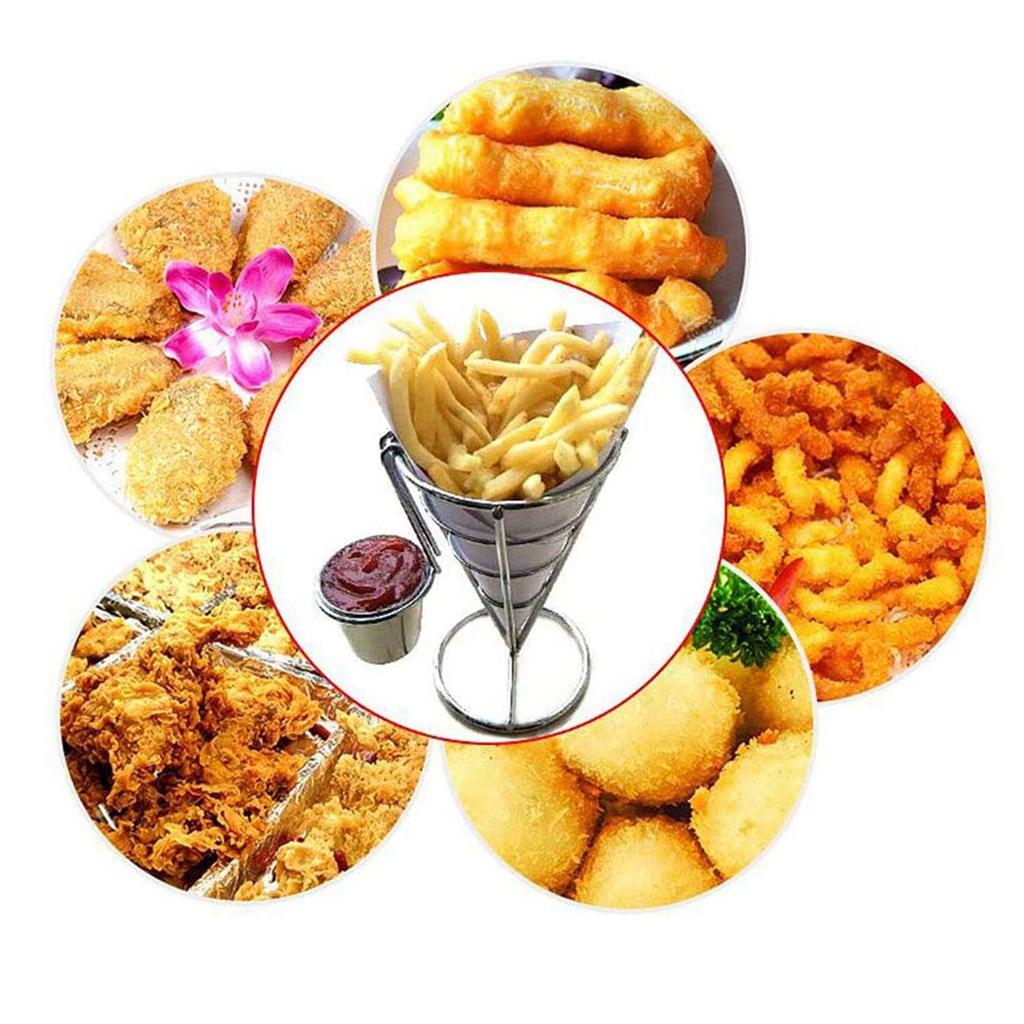 Practical-2Pcs French Fries Stand Cone Basket Fry Holder With Sauce Dippers Metal Fried Chicken Display Rack Wire Stand