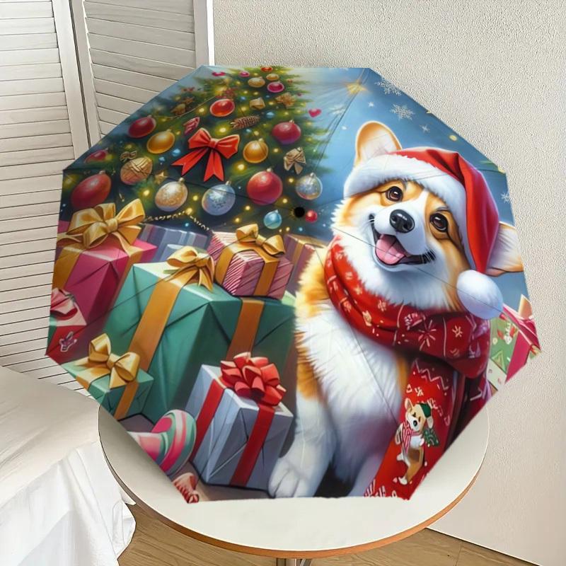 1pc Christmas Corgi Celebration Umbrella with Plastic Handle,Suitable for All Seasons Home Travel Outdoor UmbrellaDD223
