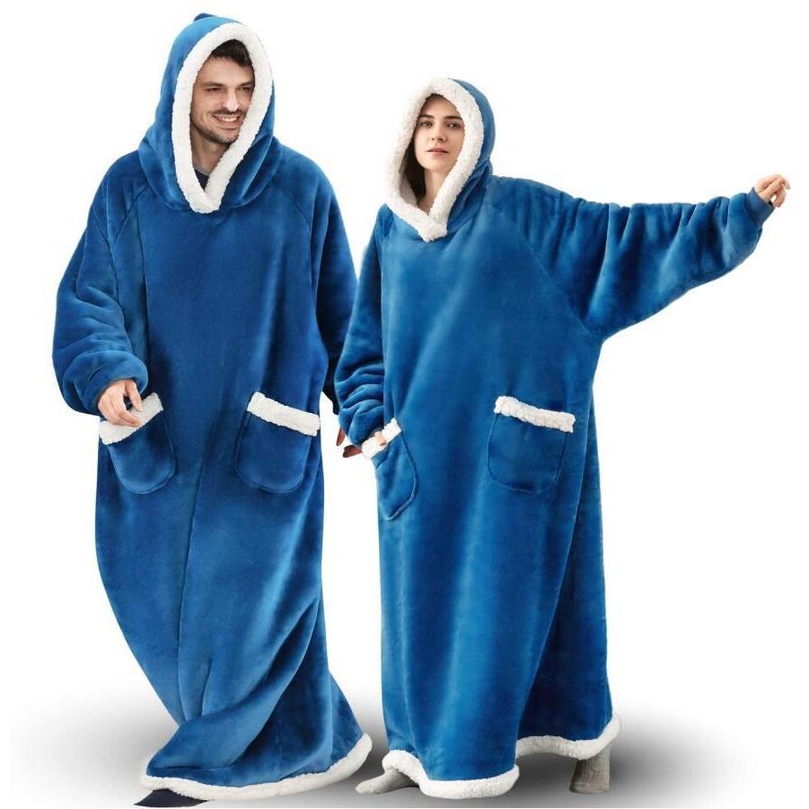 Мужской и женский осенне-зимний теплый носимый фланелевый халат-одеяло для телевизора с карманами, свободный повседневный домашний халат с капюшоном