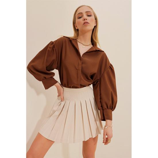 Women's Brown Concealed Pleat Balloon Sleeve Basic Poplin Shirt