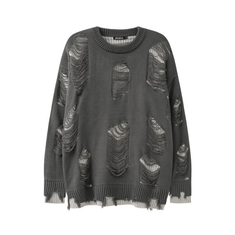 FiveFive Retro Hole Fake Two Sweaters for Men and Women Y2k Streetwear High Street Fashion Punk Style Loose Casual Sweater