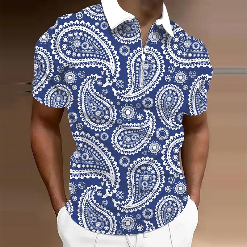Мужская рубашка поло повседневная на молнии с коротким рукавом модная повседневная на молнии лето весна обычный крой рубашка с 3D ретро принтом