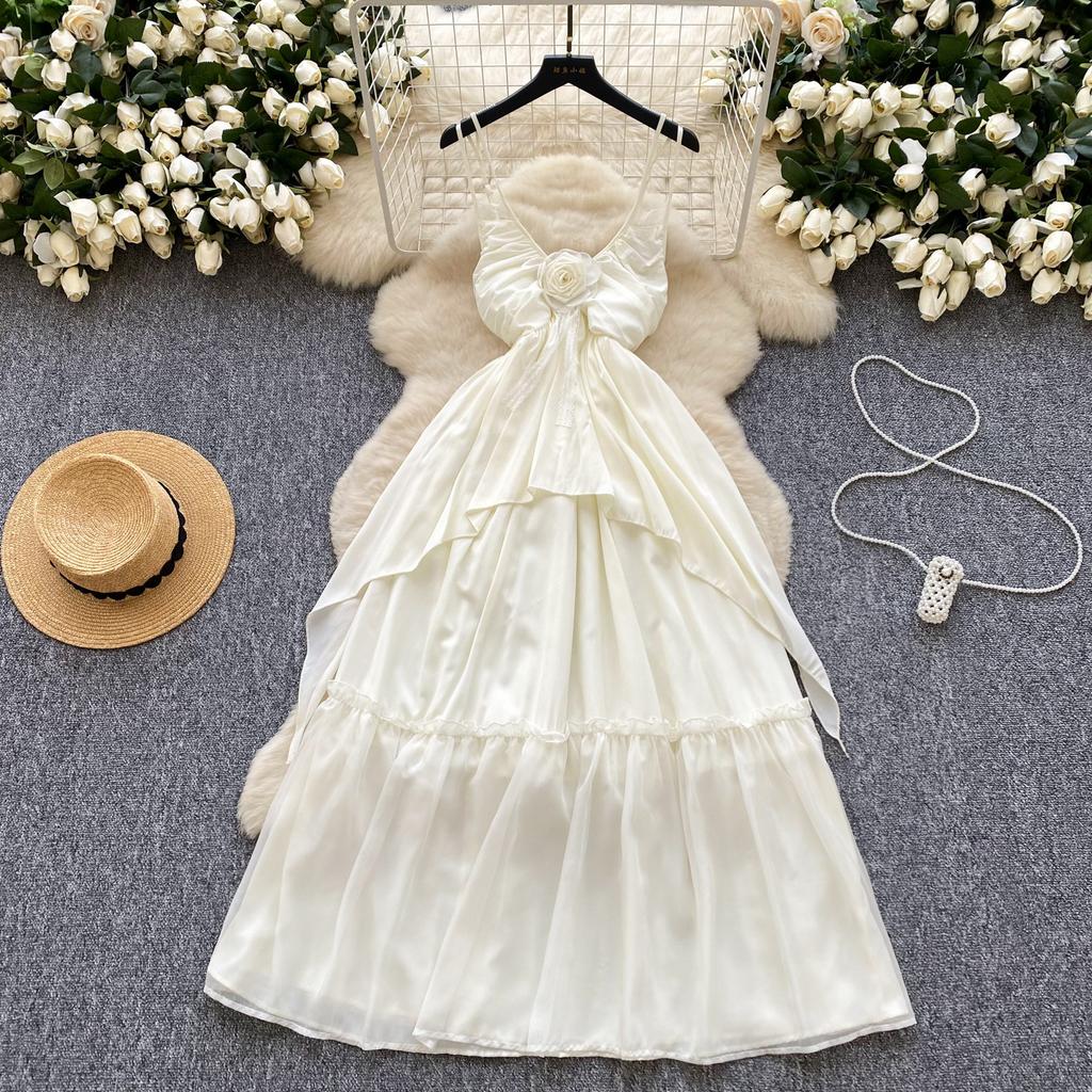 Summer Women Sexy Spaghetti Strap 3D Flower Ruffles Long Maxi Holiday Beach Dresses