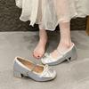 Small Person Increases Height 7cm Mary Jane Shoes Women's Bow with Silver Evening Breeze Gentle Thick Heel Ballet Shoes