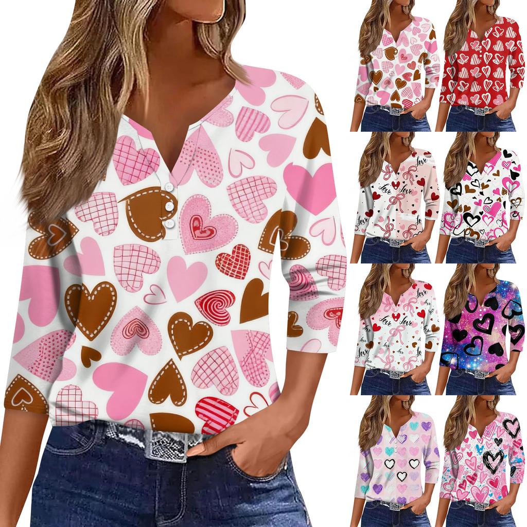 Женская модная рубашка на пуговицах с V-образным вырезом, рукавом три четверти, с принтом ко Дню святого Валентина