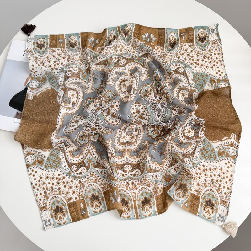 High-end light luxury Korean hanging ear square scarf ethnic style versatile fringed waist seal belt retro cashew print silk scarf