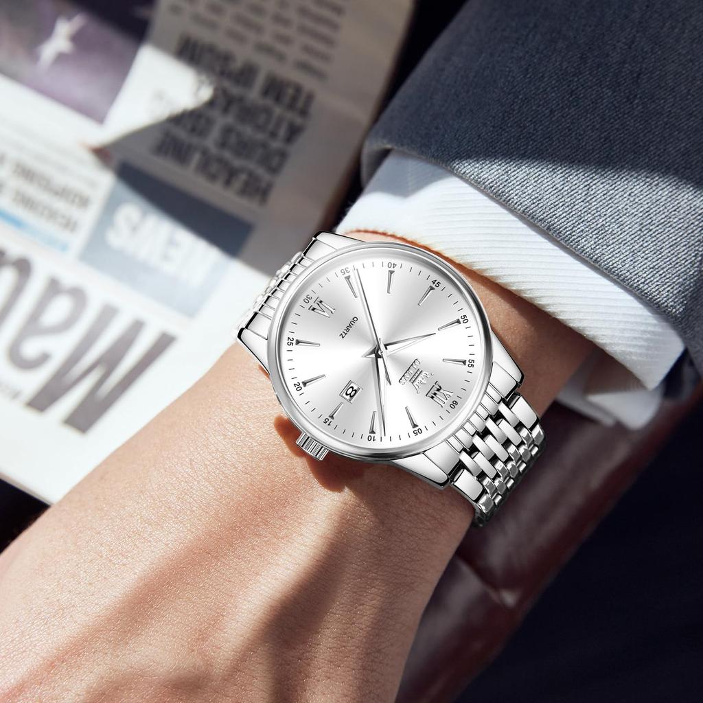 Часы OLEVS Популярные водонепроницаемые модные наручные часы Стильные металлические часы с календарем Серебряный циферблат Белые деловые часы Ремешок из нержавеющей стали Аналоговые кварцевые часы