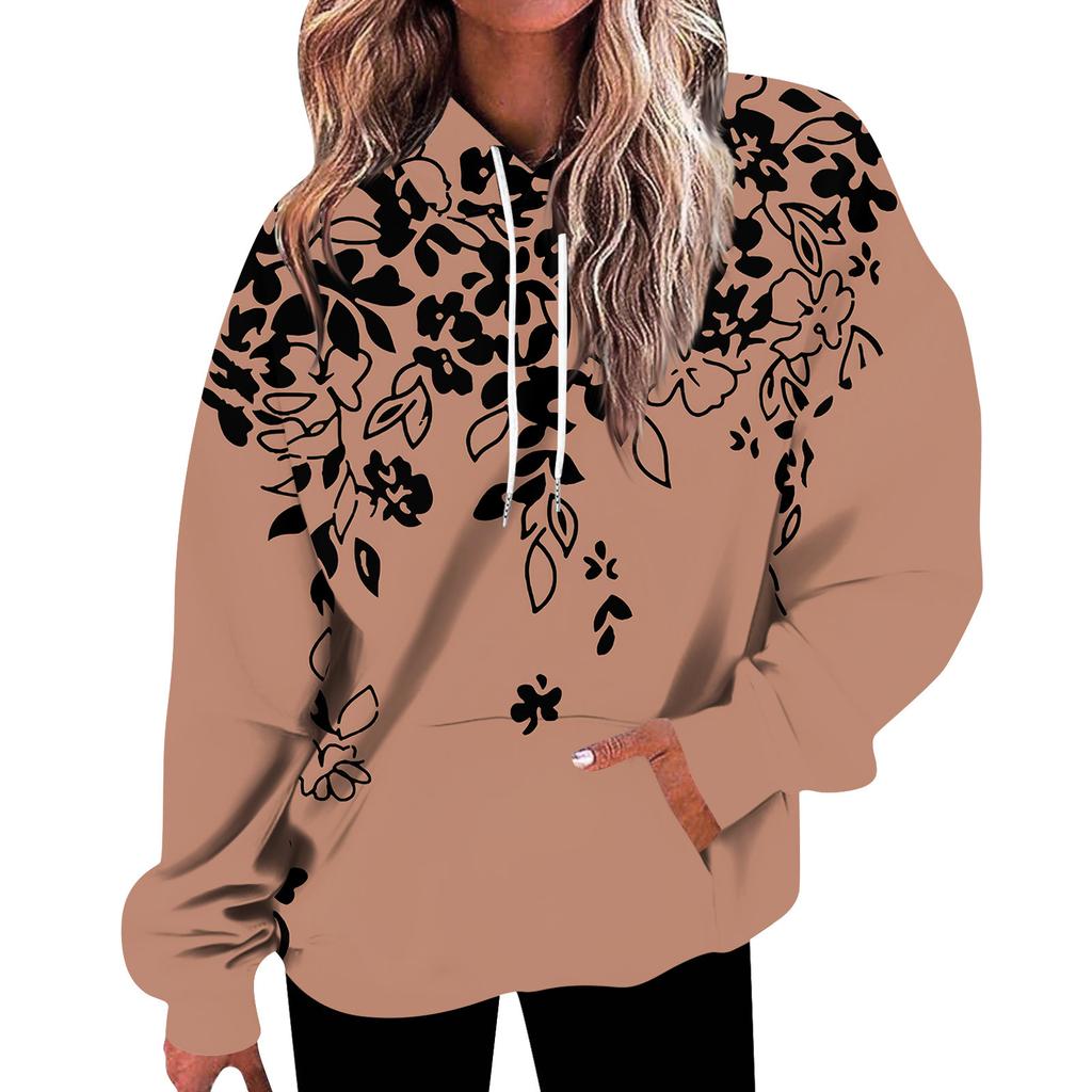 Женская мода, свободная повседневная толстовка с длинным рукавом и цветочным принтом, толстовка с принтом листьев, топ
