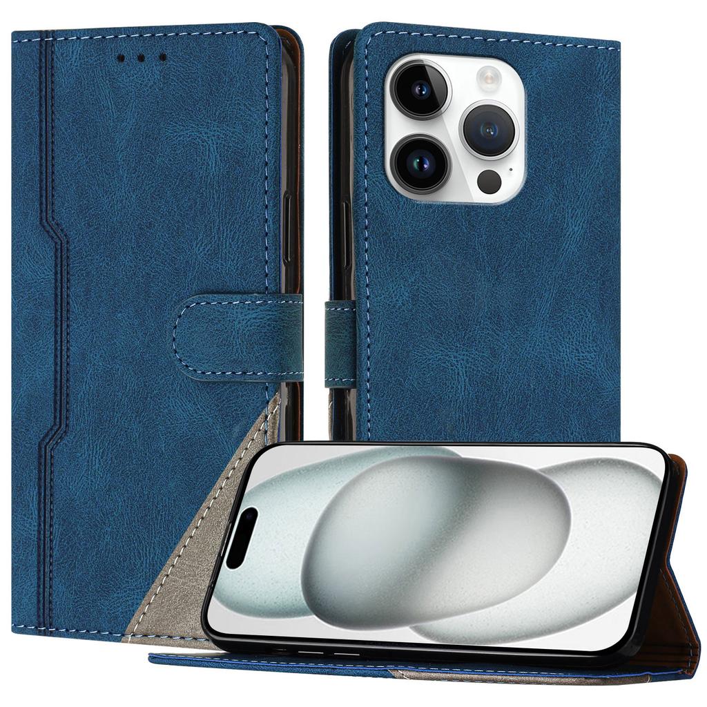 For iPhone 15 Pro Leather Case Triangle Patchwork Wallet Stand Shockproof Phone Cover