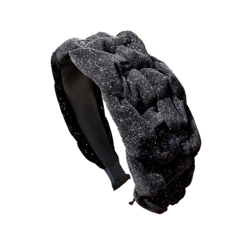 Плетеная повязка на голову из золотого бархата, черная с золотым тиснением — элегантный широкий дизайн для изящного профиля