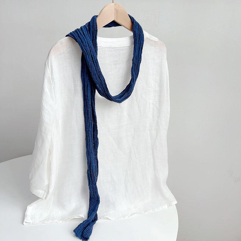 Retro Pleated Ramie Scarf Slender And Narrow Long Silk Scarf Japanese Mori Women Versatile Extended Neck Protector Scarf Shawl