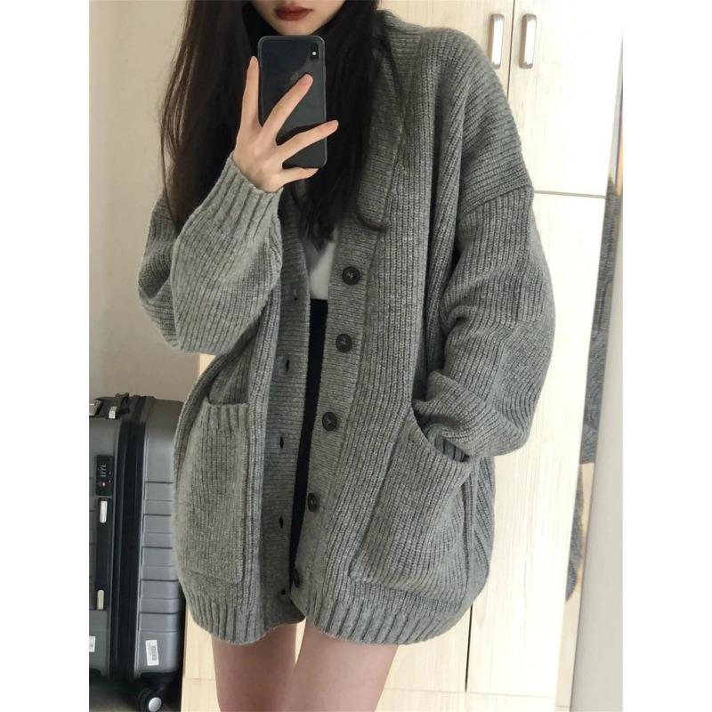 Women's Long Sleeved Cardigan Loose Knitted V-neck Coats Female Fashion Single Breasted Sweater Cardigans Autumn Winter Casual
