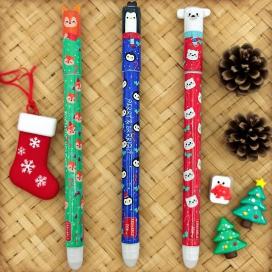 3Pcs Erasable Gel Pens 0.5mm Christmas Themed Pen Quick Drying Smooth Writing Pen for Office Stationary