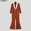 INCERUN Oversized Men Long Sleeve Stitching Slim Waist Casual Long Flare Rompers Jumpsuits