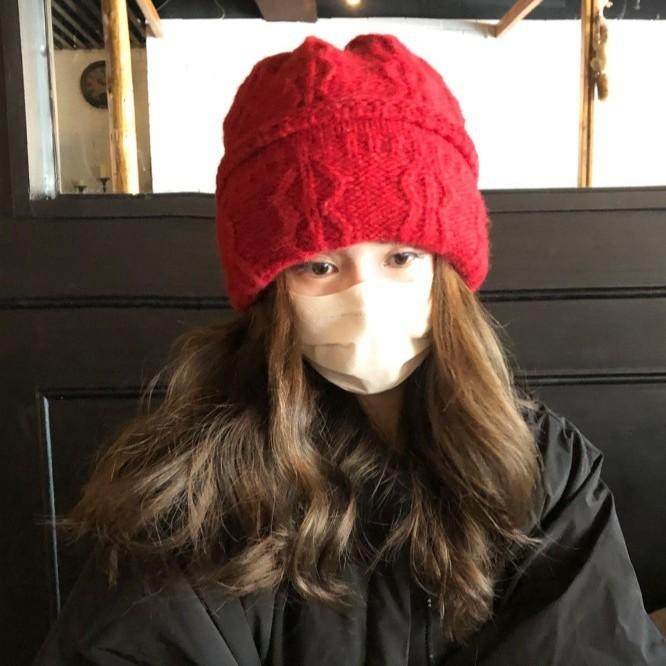 Korean Hand Knitted Pullover Hat for Autumn and Winter New Thickened Woolen Hat for Women Showing Face Small Ear Protection  Warm Pile Hat