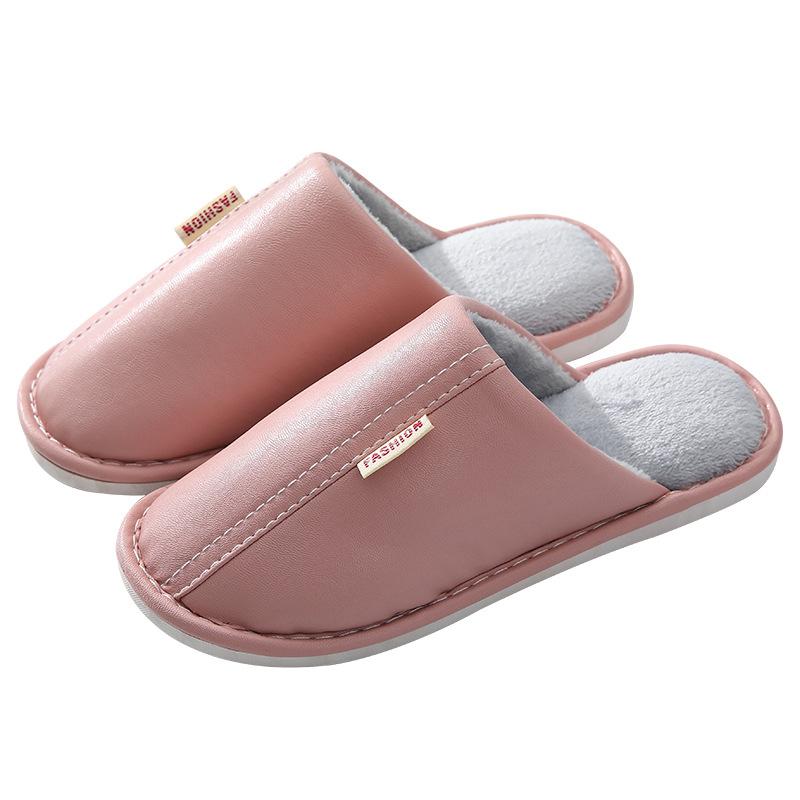 PU Leather Couple Indoor Home Wooden Floor Leather Surface Autumn and Winter Warm Cotton Slippers