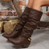 Женские Винтажные Коричневые Длинные Западные Ковбойские Сапоги 2026 Зимний Комфорт Толстый Каблук До Колена Черные Сапоги Металлическая Пряжка Большой Размер 36-43