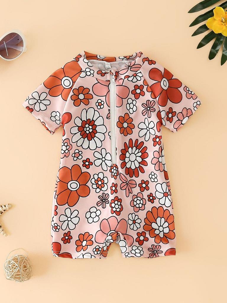 Girl's Flower Full Print One-piece Swimsuit, Baby Girl's Half Open One-piece Swimsuit, Children's Swimsuit