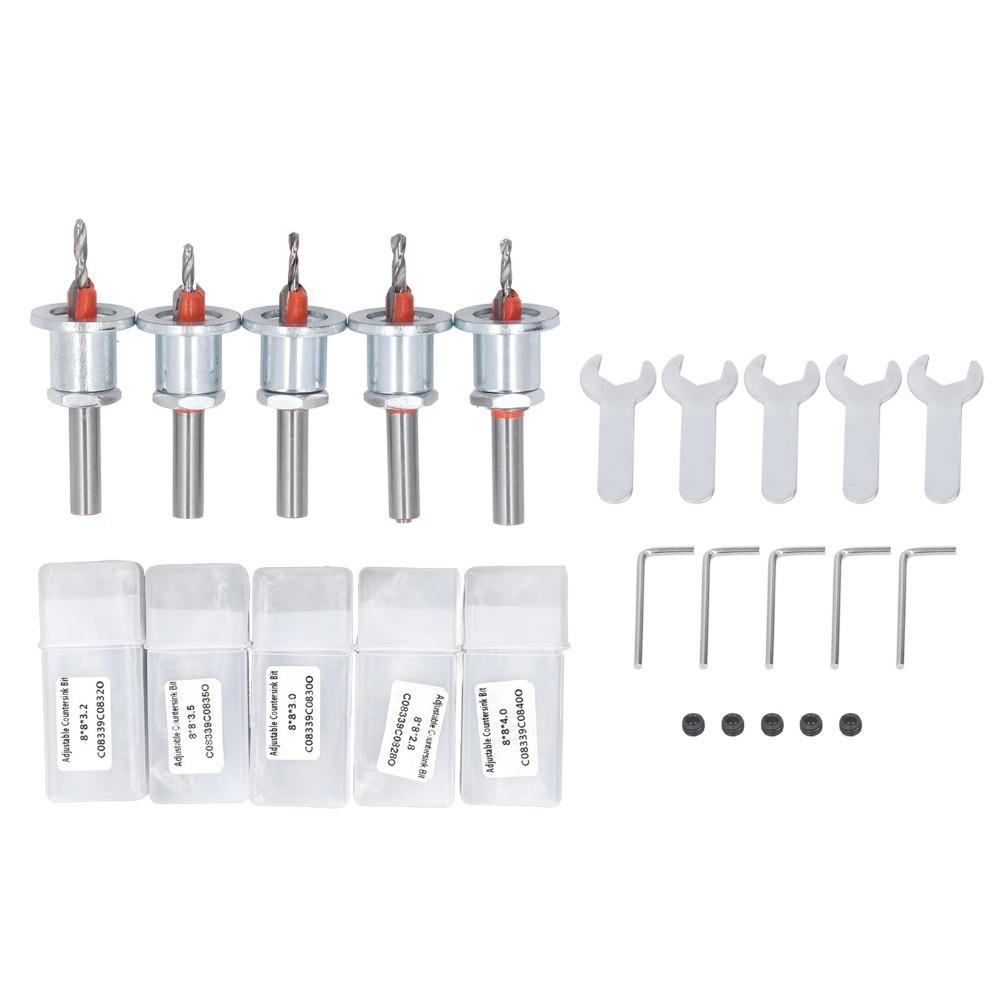 5pcs 8mm Round Shank Adjustable Countersink Bit 2.8-4mm Cone Size Counterbore Bit For Metalworking