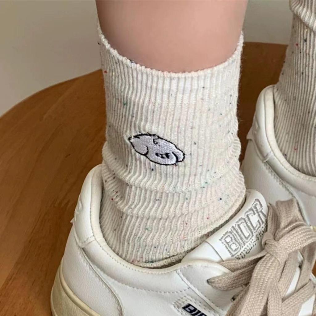 Cute Cartoon Embroidery Mid-Calf Ruffle Socks for Women - Cotton Casual Spring/Autumn Wear