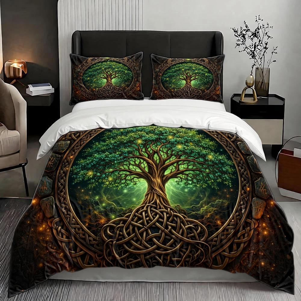 Nordic Mythology World Tree Duvet Cover Set 3Pc Double Bed Bedding Set Vintage Dragon Rune Pattern Machine Washable Comfortable