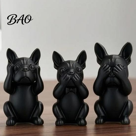 Three-part French Bulldog Design 3D Printed Statues Set of 3, Matte Black Sculpture, Minimalist Bull Dog Desktop Statue Figurines for Home Decoration,
