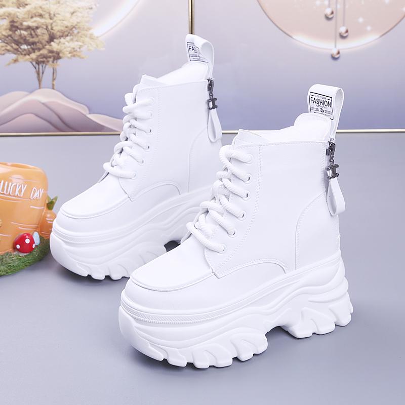 Ботильоны для женщин, новые зимние мотоциклетные ботинки, танкетка 12 см, высокие кожаные туфли на платформе, женские осенние ботинки на толстой подошве