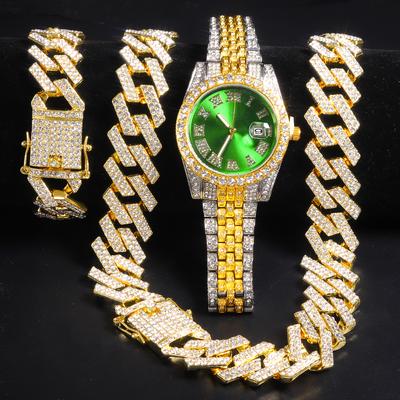 Новые часы Iced Out, мужские кубинские звенья, браслет-цепочка, ожерелье, колье, блестящие ювелирные изделия, мужские большие золотые цепочки, комплект часов в стиле хип-хоп, панк