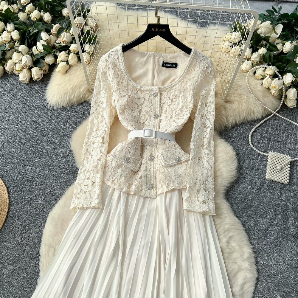 Платье высокого класса для женщин на осень, французская мода, кружевное, с длинными рукавами, пэчворк, с акцентом на талии, плиссированное длинное платье