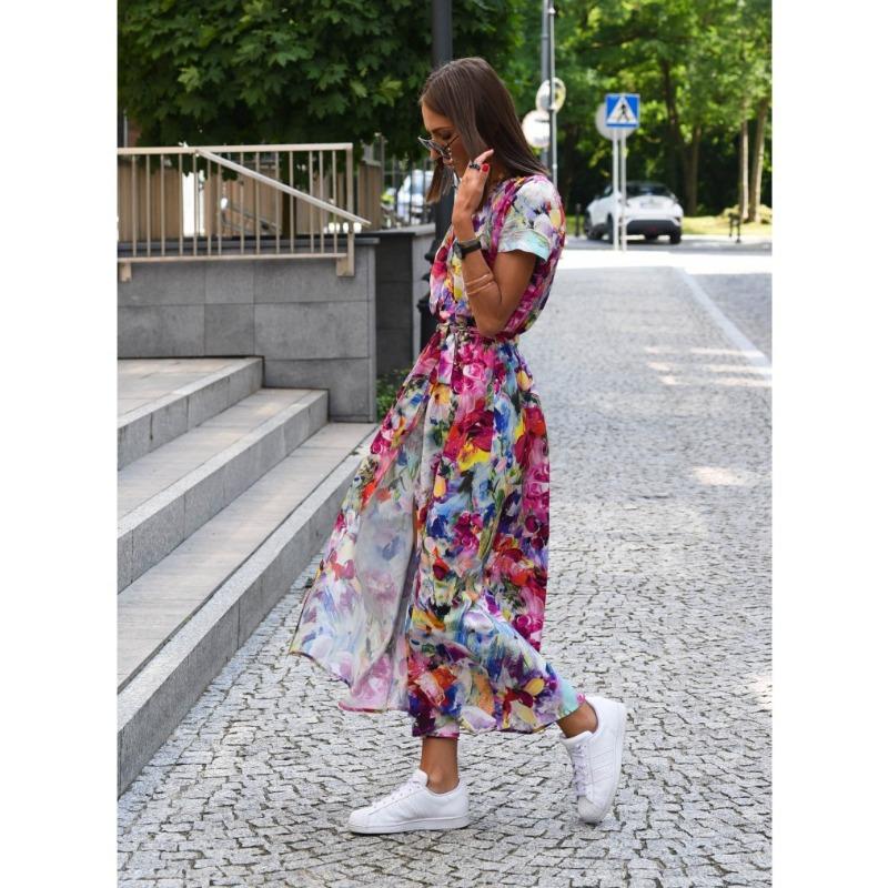 YYFS Женская мода лето весна цветочный узор принт с коротким рукавом V-образным вырезом с высокой талией повседневные платья